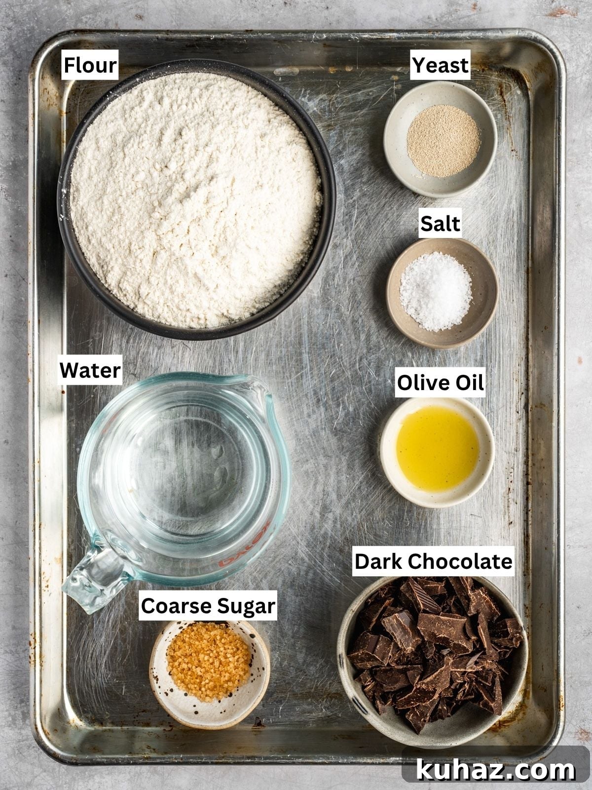 Chocolate Focaccia Recipe with Same Day Dough and Video 3 Chocolate Focaccia recipe ingredients with individual labels on a metal tray.