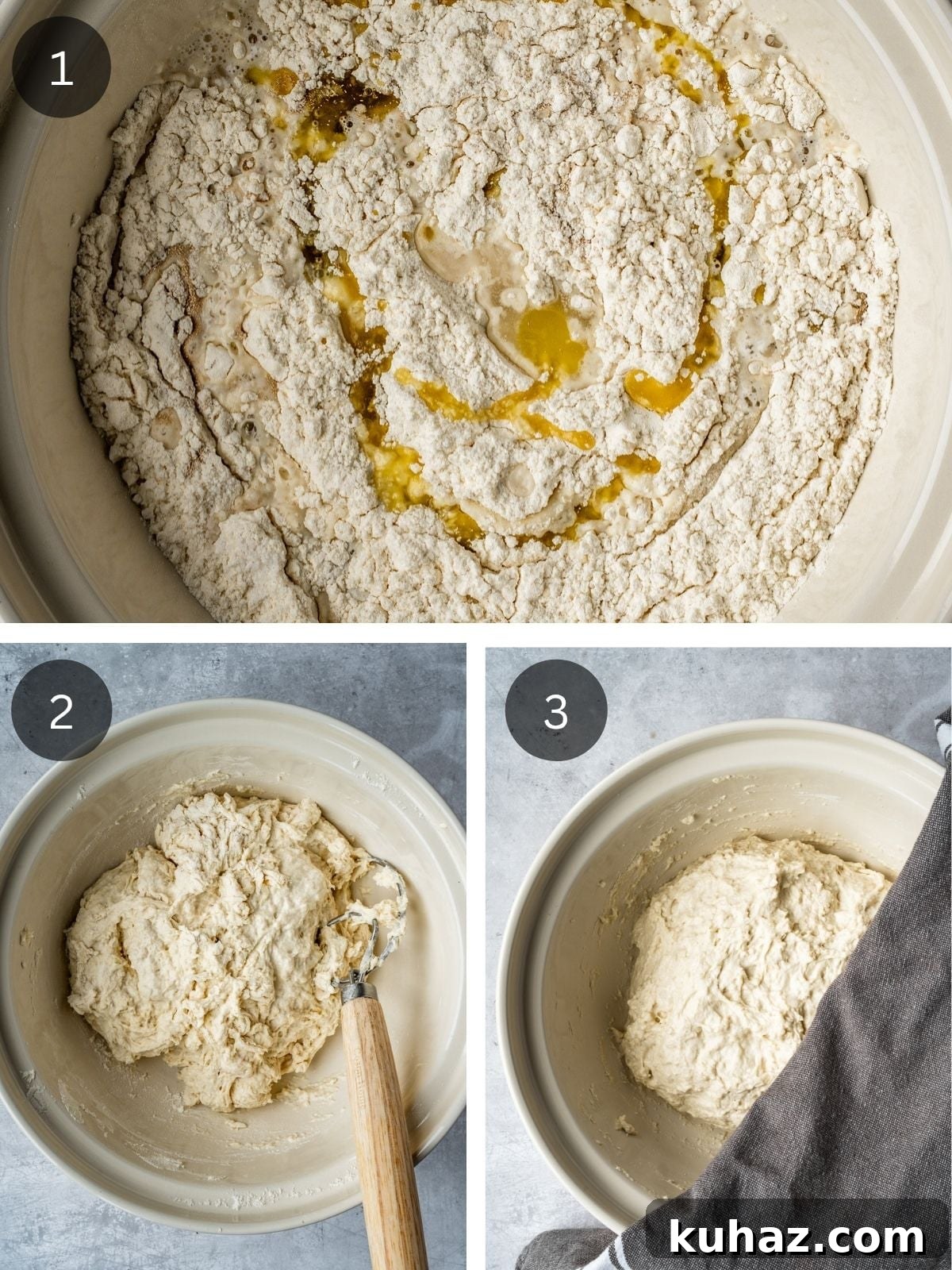 Chocolate Focaccia Recipe with Same Day Dough and Video 4 Recipe steps showing the dough being mixed in a large bowl using a dough whisk.