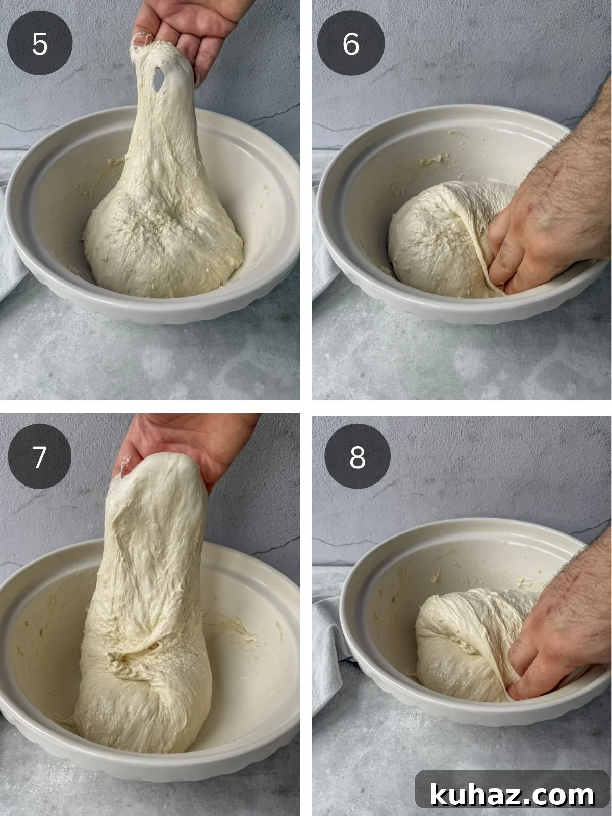 Chocolate Focaccia Recipe with Same Day Dough and Video 5 Recipe steps showing how the dough is stretched from one side, then folded over. The bowl is then turned 90 degrees and the stretching and folding step is repeated.