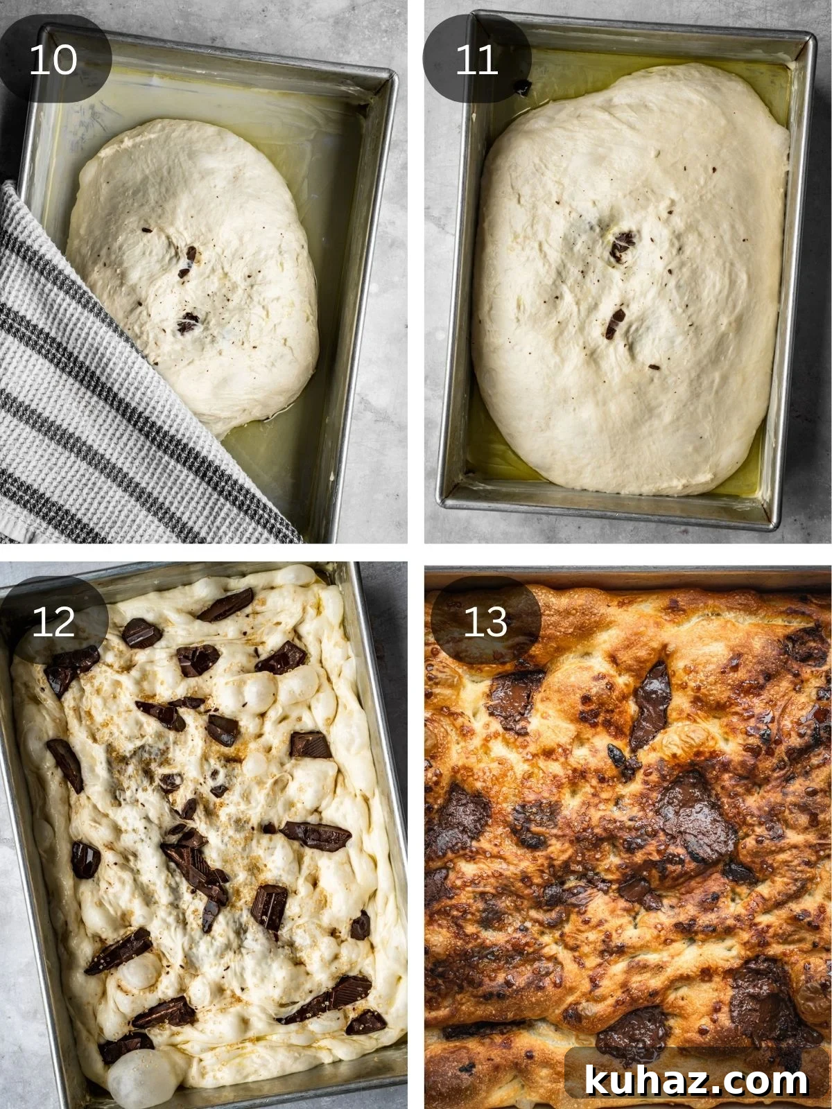 Chocolate Focaccia Recipe with Same Day Dough and Video 7 Recipe steps showing how the dough is placed in the baking pan, stretched, dimpled and baked.