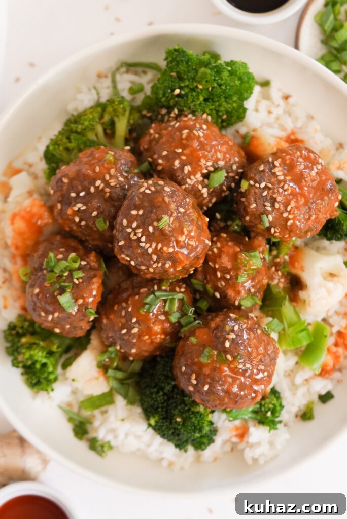 Spicy Firecracker Meatballs Recipe with Sweet Chili Glaze 2 flatlay shot of firecracker meatballs with rice and veggies.
