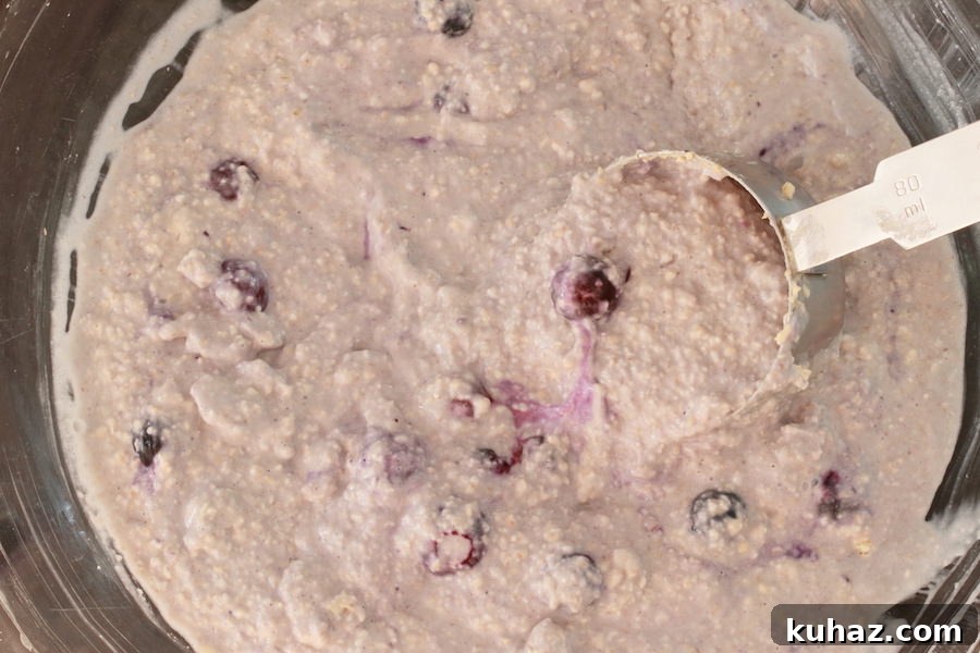 Fluffy Gluten Free Vegan Blueberry Oatmeal Pancakes 4 Blueberry oatmeal pancake batter in a bowl