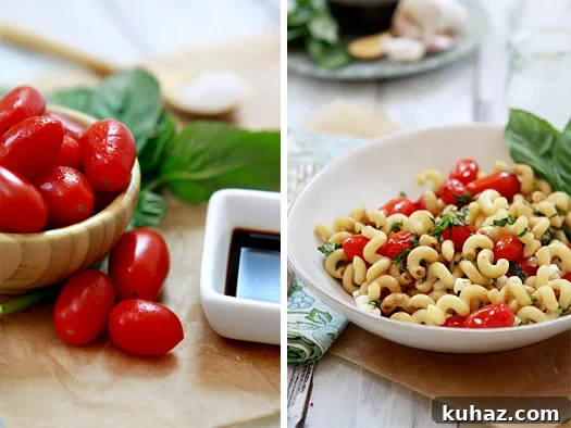Caprese pasta with tomatoes and basil