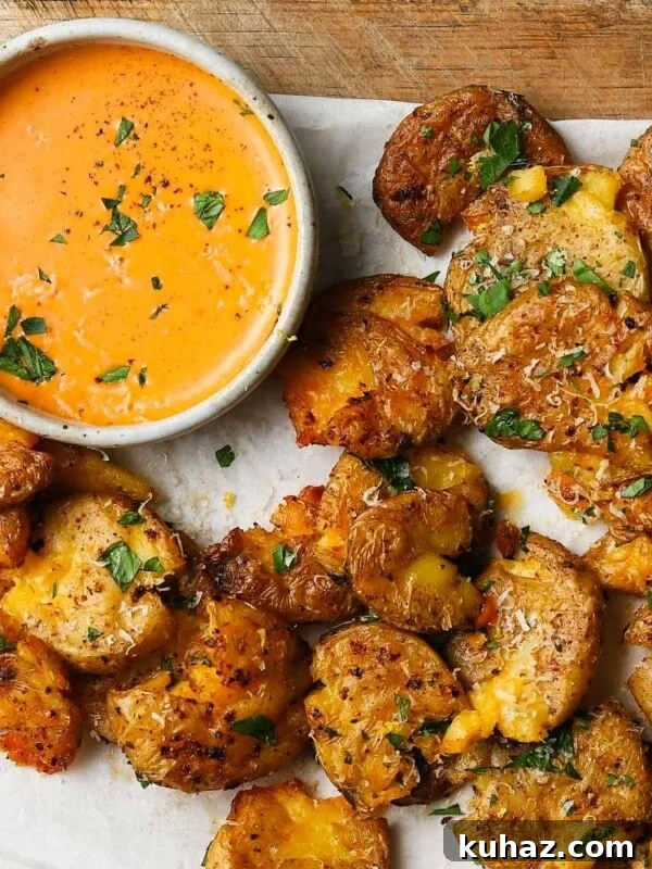 14 Crowd-Pleasing Game Day Appetizers 20 Crispy smashed potatoes with herbs beside a bowl of spicy orange mayo dip.