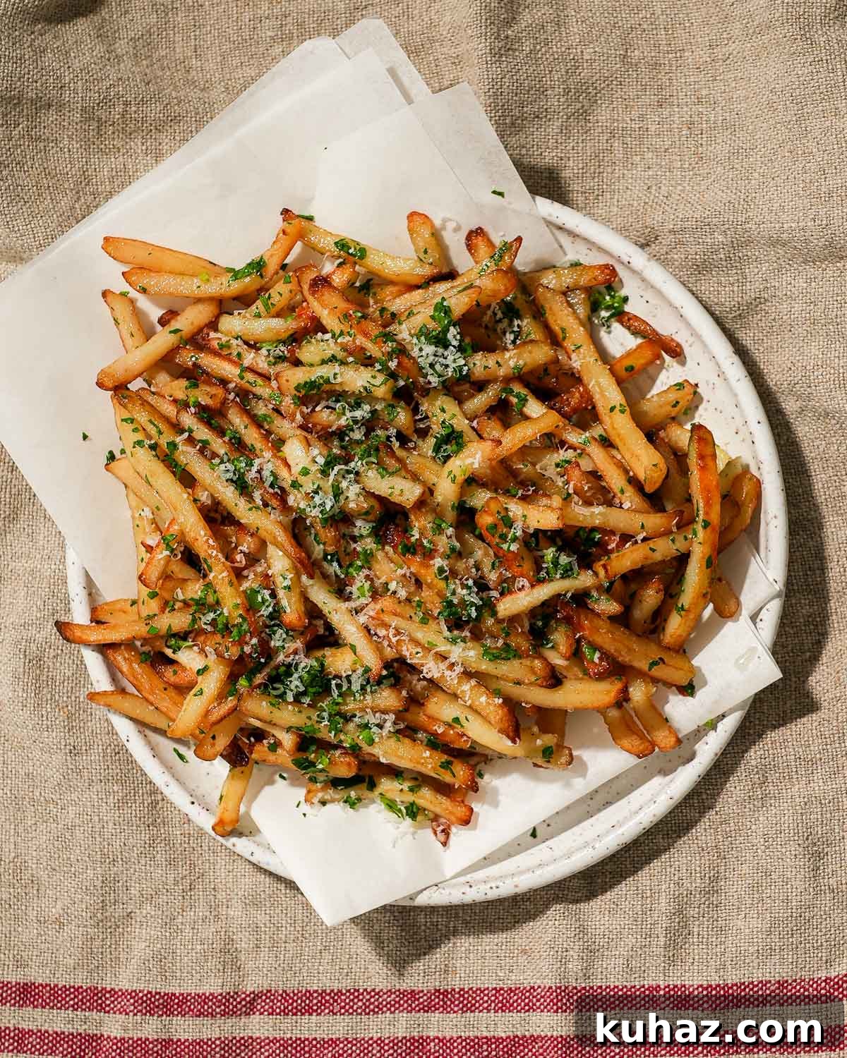 14 Crowd-Pleasing Game Day Appetizers 3 A plate of freshly fried fries garnished with Parmesan cheese and chopped herbs.