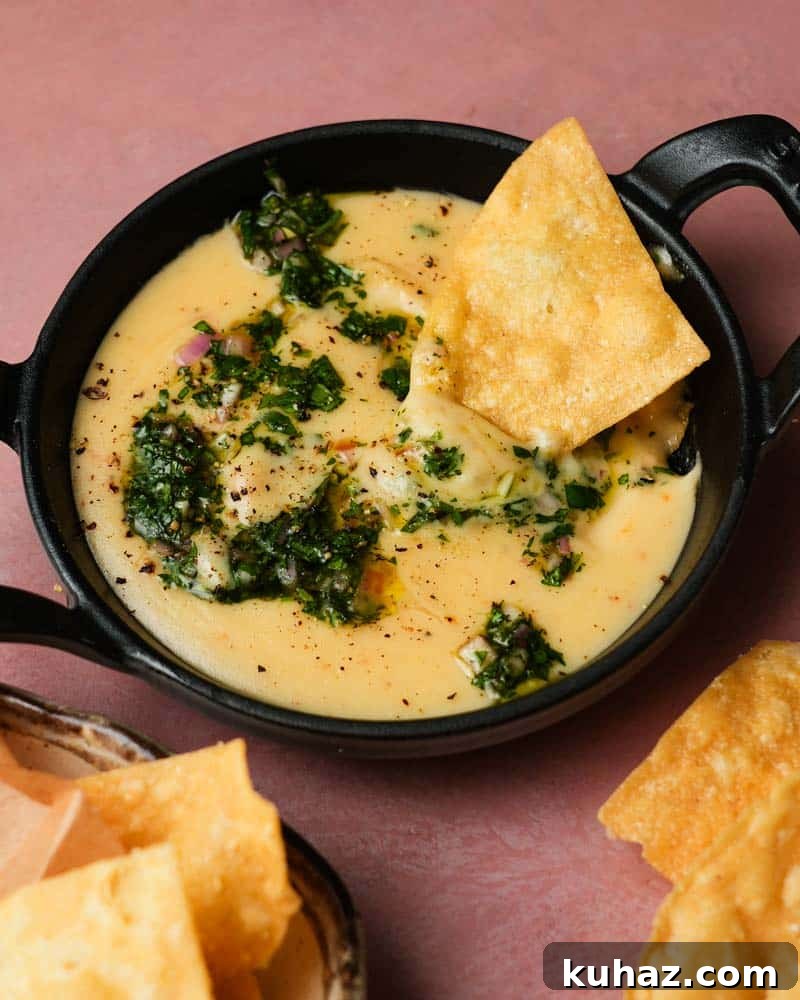 14 Crowd-Pleasing Game Day Appetizers 8 A skillet of habanero white cheddar queso topped with herbs and tortilla chips.