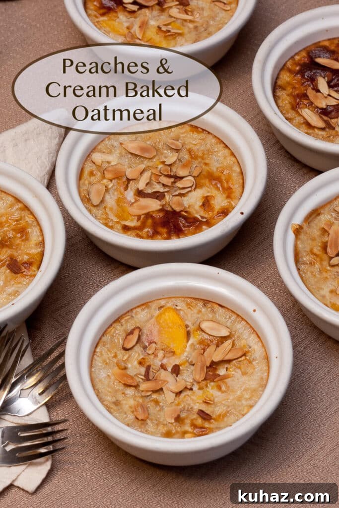 Peaches and Cream Baked Oatmeal Recipe 2 white ramekins full of peach oatmeal topped with almonds, some forks off to the left side.