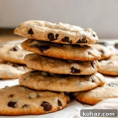 Completed Cinnamon Chocolate Chip Cookies stacked on a white surface.