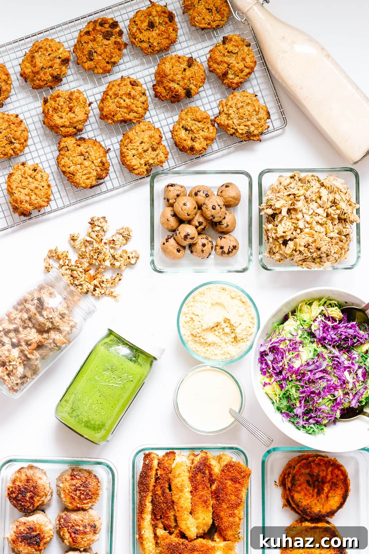 Meal Prep Recipes Inspired by The HealthNut Cookbook 2 Top down photo of a variety of recipes meal prepped from The HealthNut Cookbook