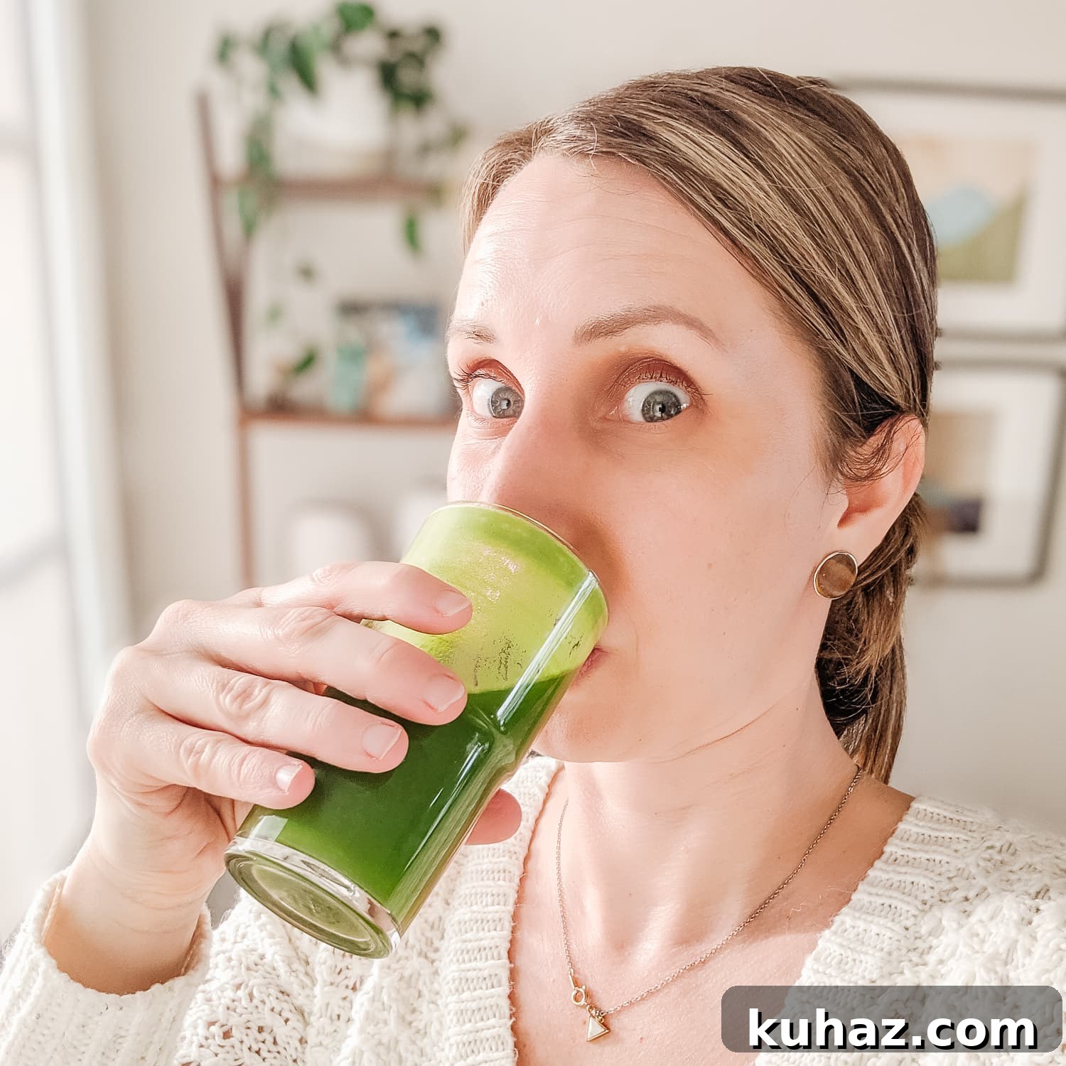 Meal Prep Recipes Inspired by The HealthNut Cookbook 6 Vanessa from Maple + Mango drinking a glass of green juice.