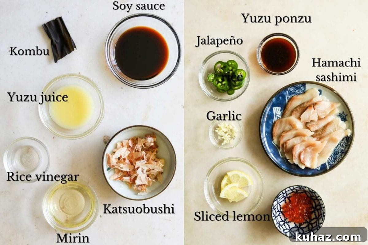 Ingredients for hamachi crudo (yellowtail carpaccio) with yuzu ponzu sauce.