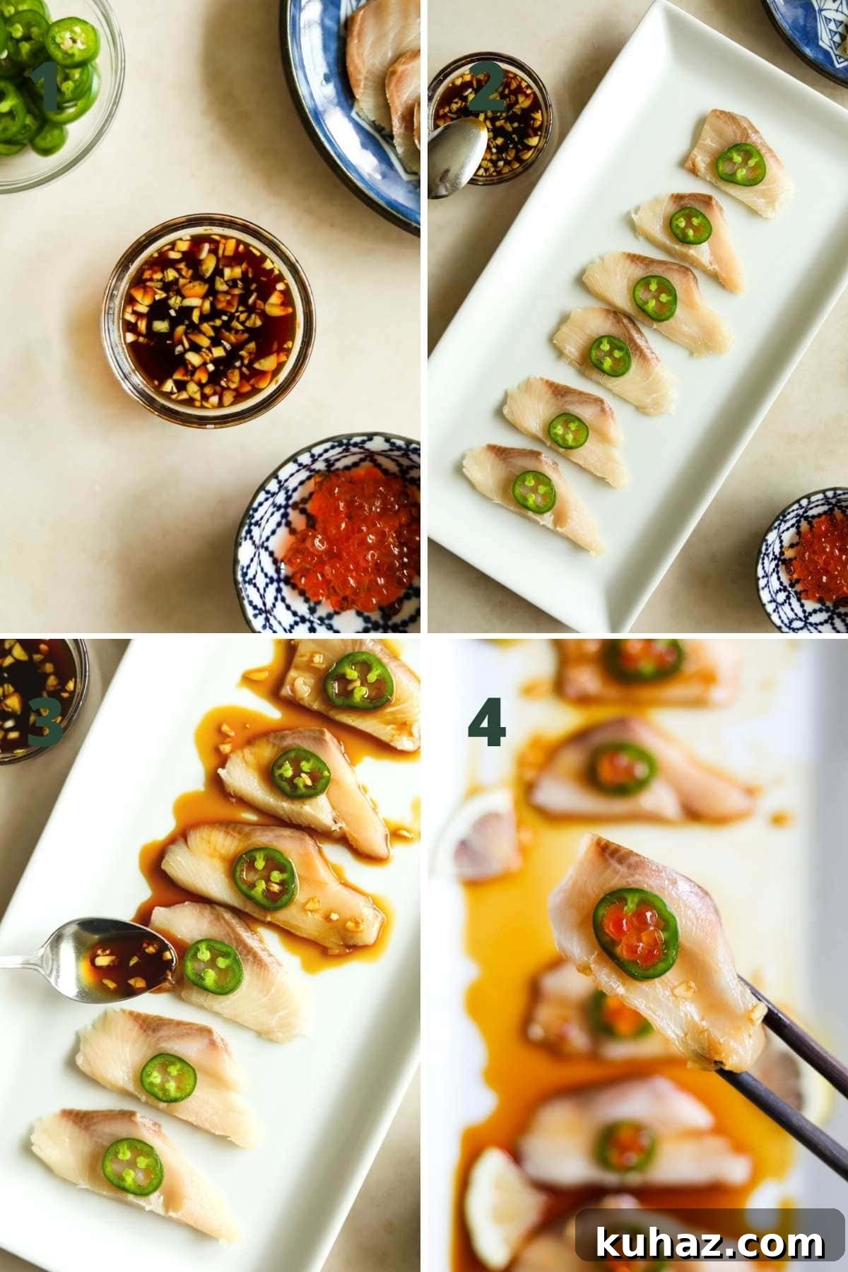 Steps to make hamachi crudo (yellowtail carpaccio) with homemade yuzu garlic ponzu sauce at home.