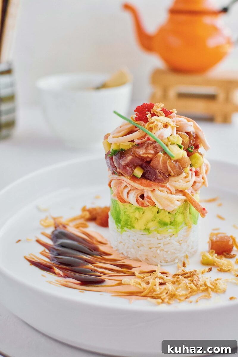 Ahi Tuna Tower with Avocado and Mango 15 a fully assembled Ahi Tuna Tower recipe