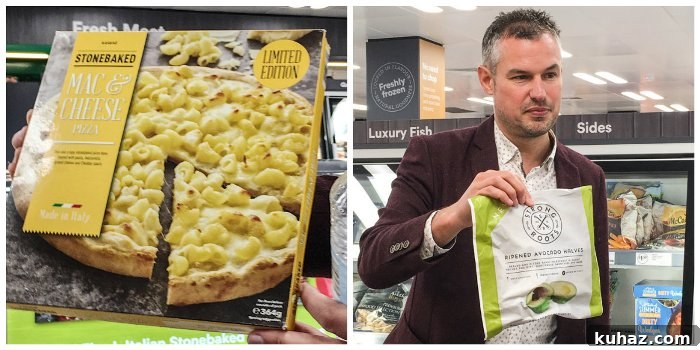 Frozen Iceland Mac n Cheese pizza and frozen avocado halves