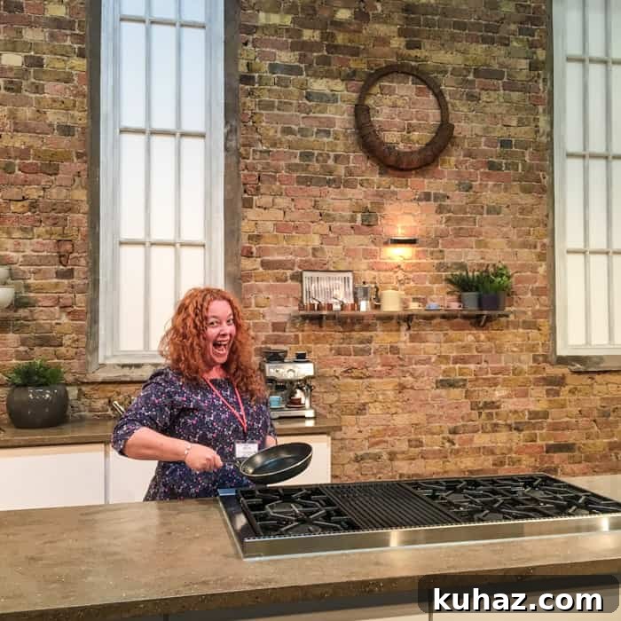 Jane Sarchet on the Saturday Kitchen set holding the famous omelette pan!