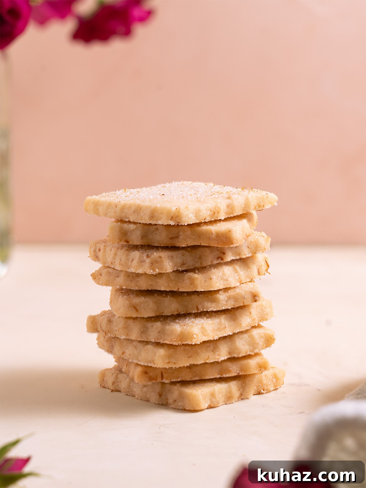 Rose Shortbread Cookies with Delicate Floral Flavor 2 A stack of rose shortbread cookies