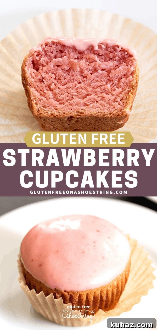 Gluten Free Strawberry Cupcakes with Fresh Strawberry Frosting 7 Gluten free strawberry cupcake whole on plate showing glaze, and cut in half on a plate
