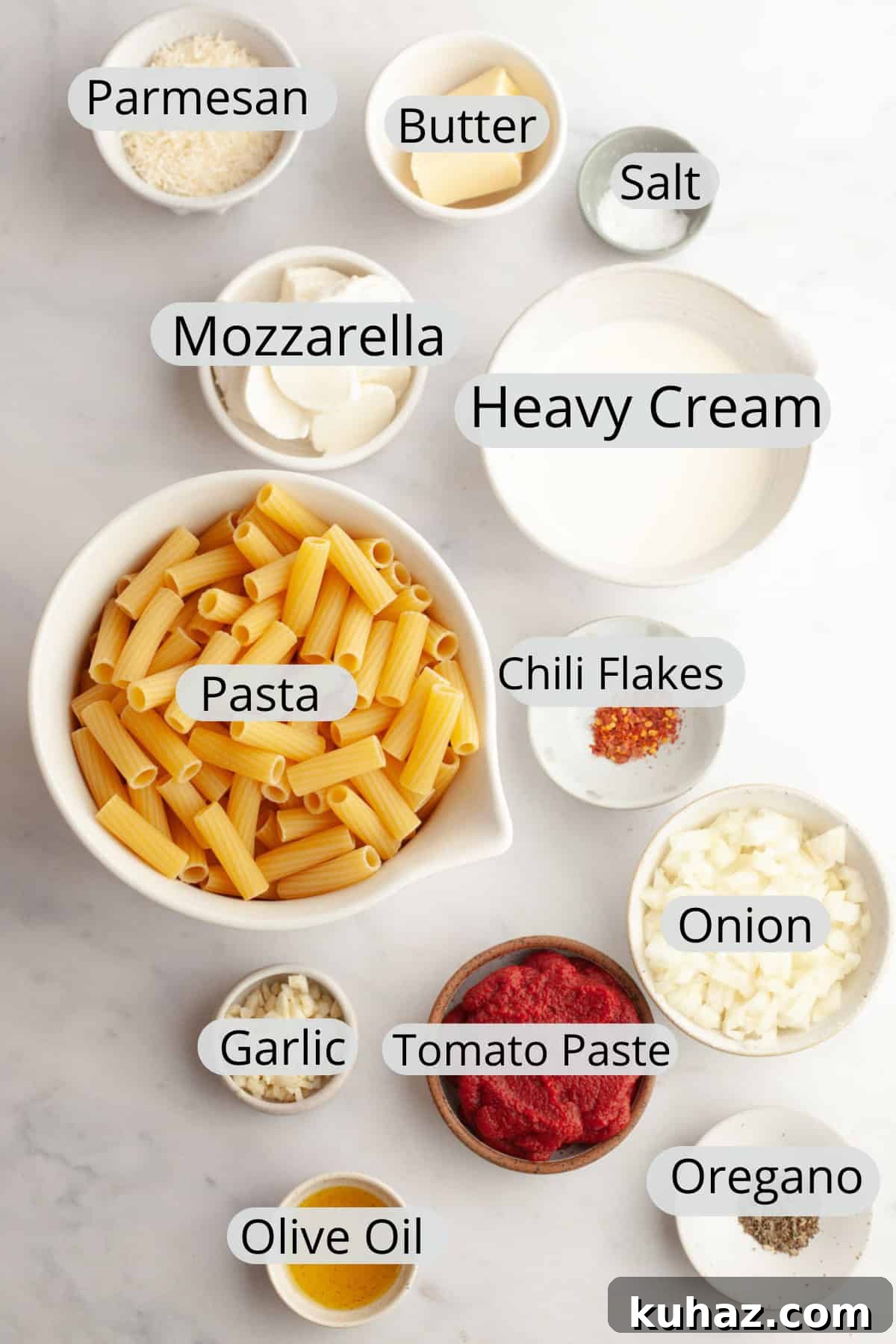 Creamy Baked Pasta with Vodka-Style Sauce, Alcohol-Free 3 All the ingredients needed to make baked pasta with vodka sauce, weighed out into small bowls.