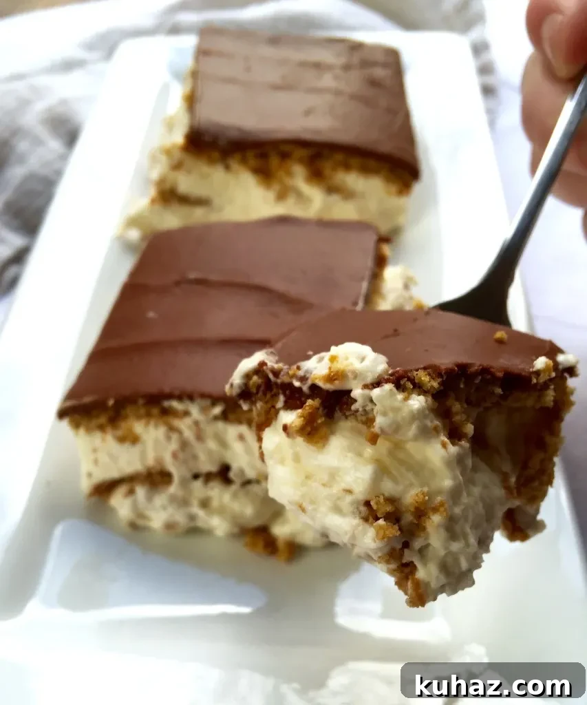 Éclair Cake, forkful of cake, slices in background.