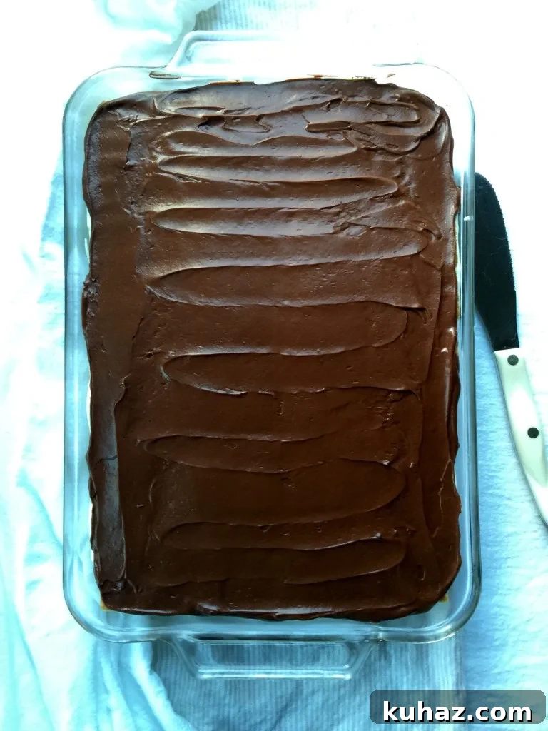 Éclair Cake, overhead in glass dish.