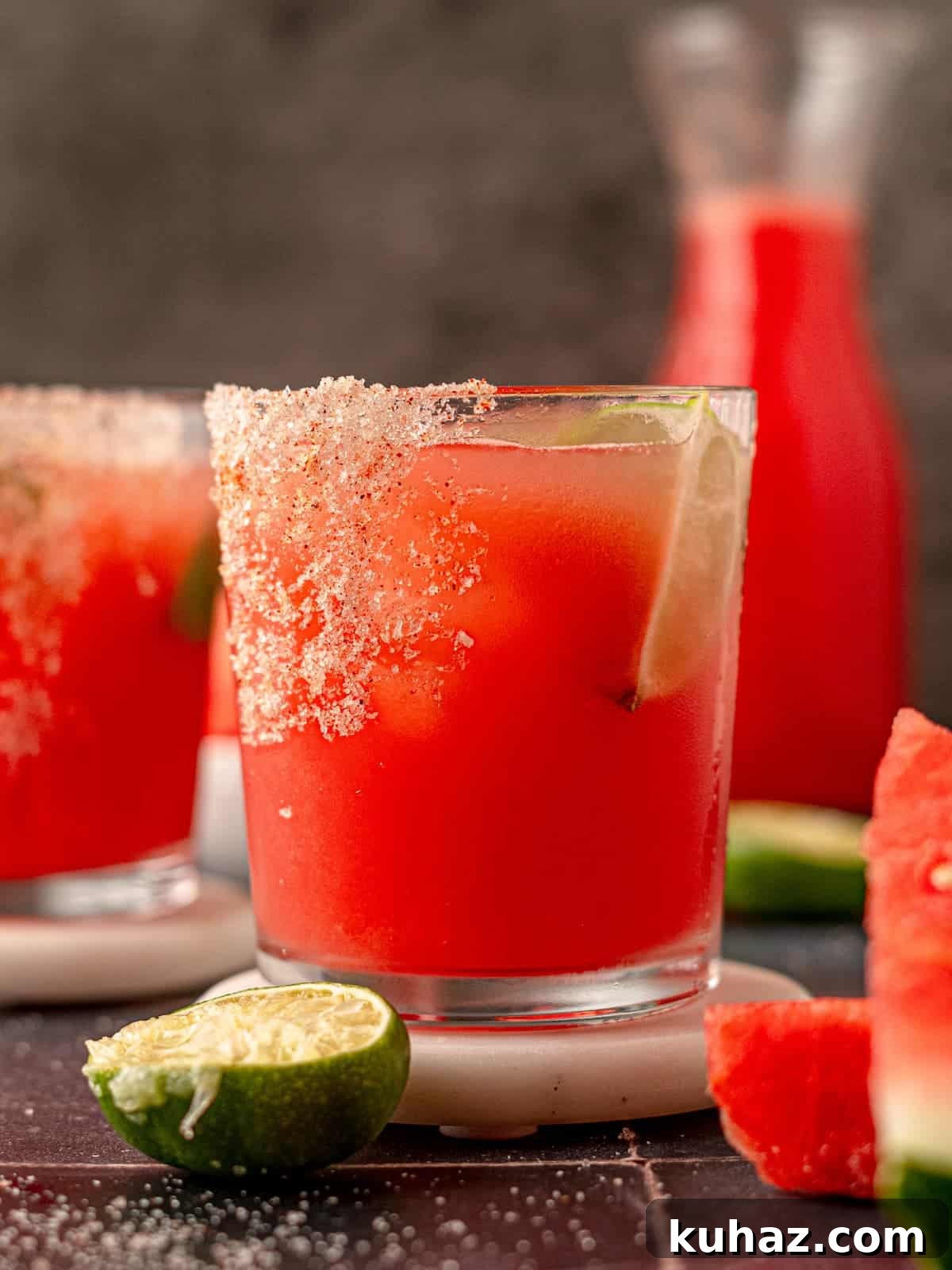 Spicy Watermelon Margarita Recipe with Jalapeño and Lime 2 Cocktails on coasters.