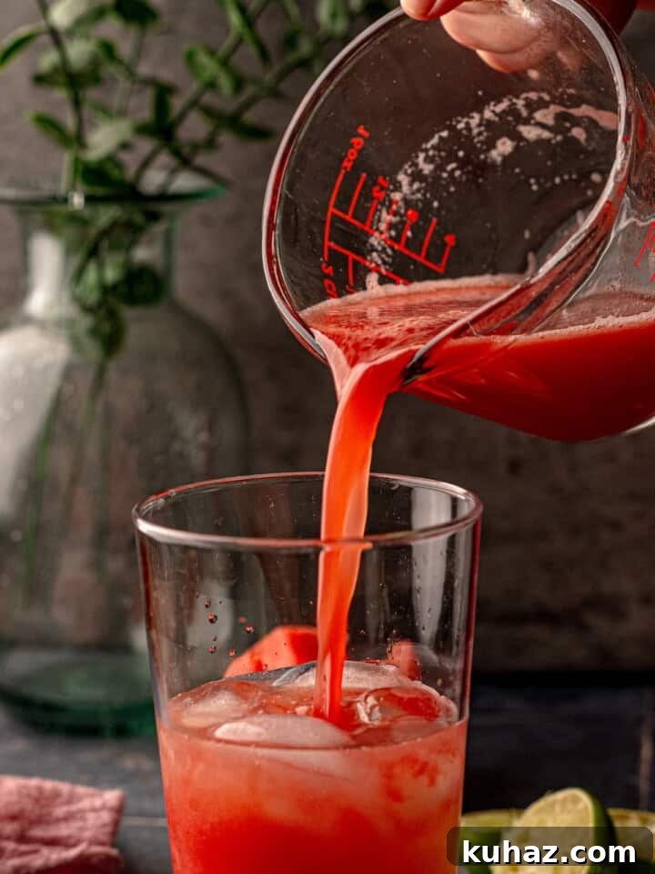 Spicy Watermelon Margarita Recipe with Jalapeño and Lime 5 Watermelon juice poured into a cup.
