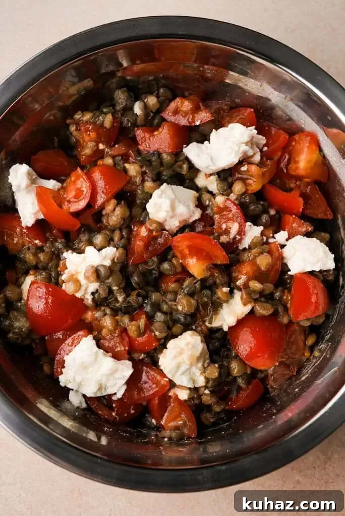 mediterranean lentil recipes mixing bowl full of lentil salad