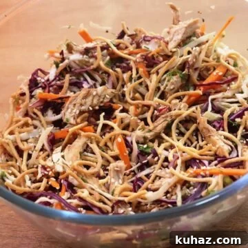 chinese chicken salad in a glass bowl.