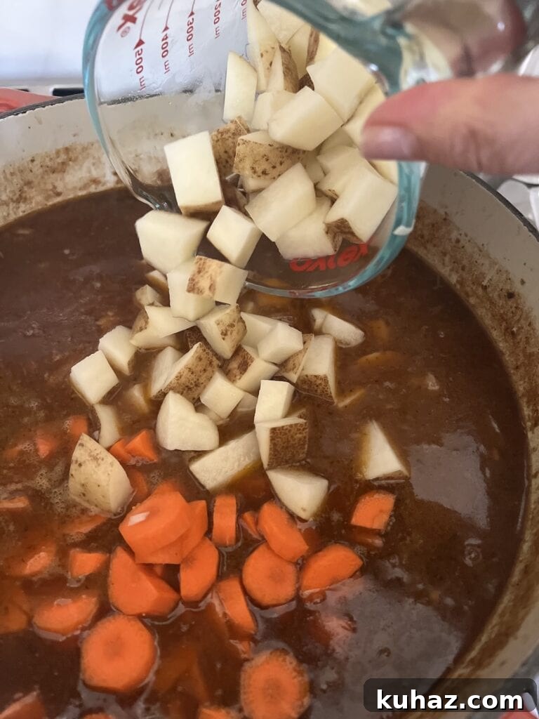 Italian Beef and Potato Soup - Nonna Pot-Roast 11 Adding potatoes and carrots to pot.