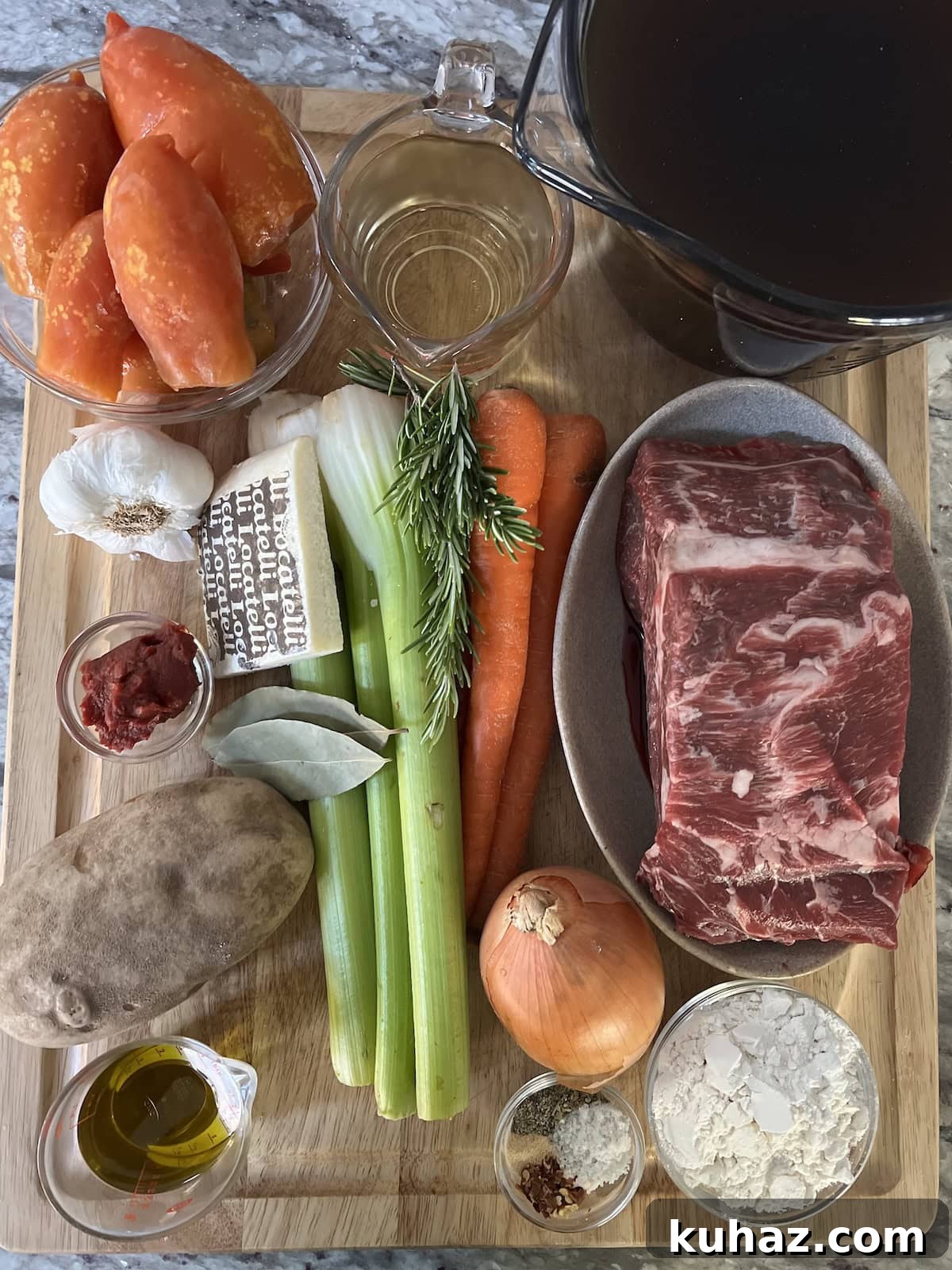 Italian Beef and Potato Soup - Nonna Pot-Roast 4 All ingredients for vegetable beef soup on cutting board.