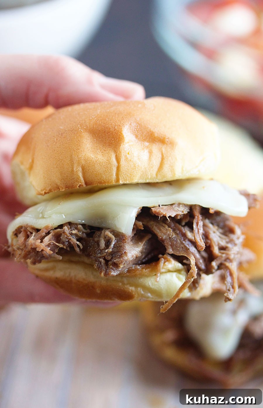 Slow Cooker Flank Steak Sliders Recipe 3 Shredded flank steak sliders close-up