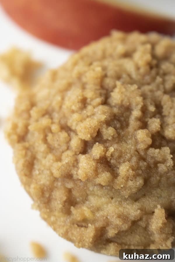 Moist Cinnamon Apple Muffins Recipe 4 Overhead closeup of apple muffins with crumbs and apple slice