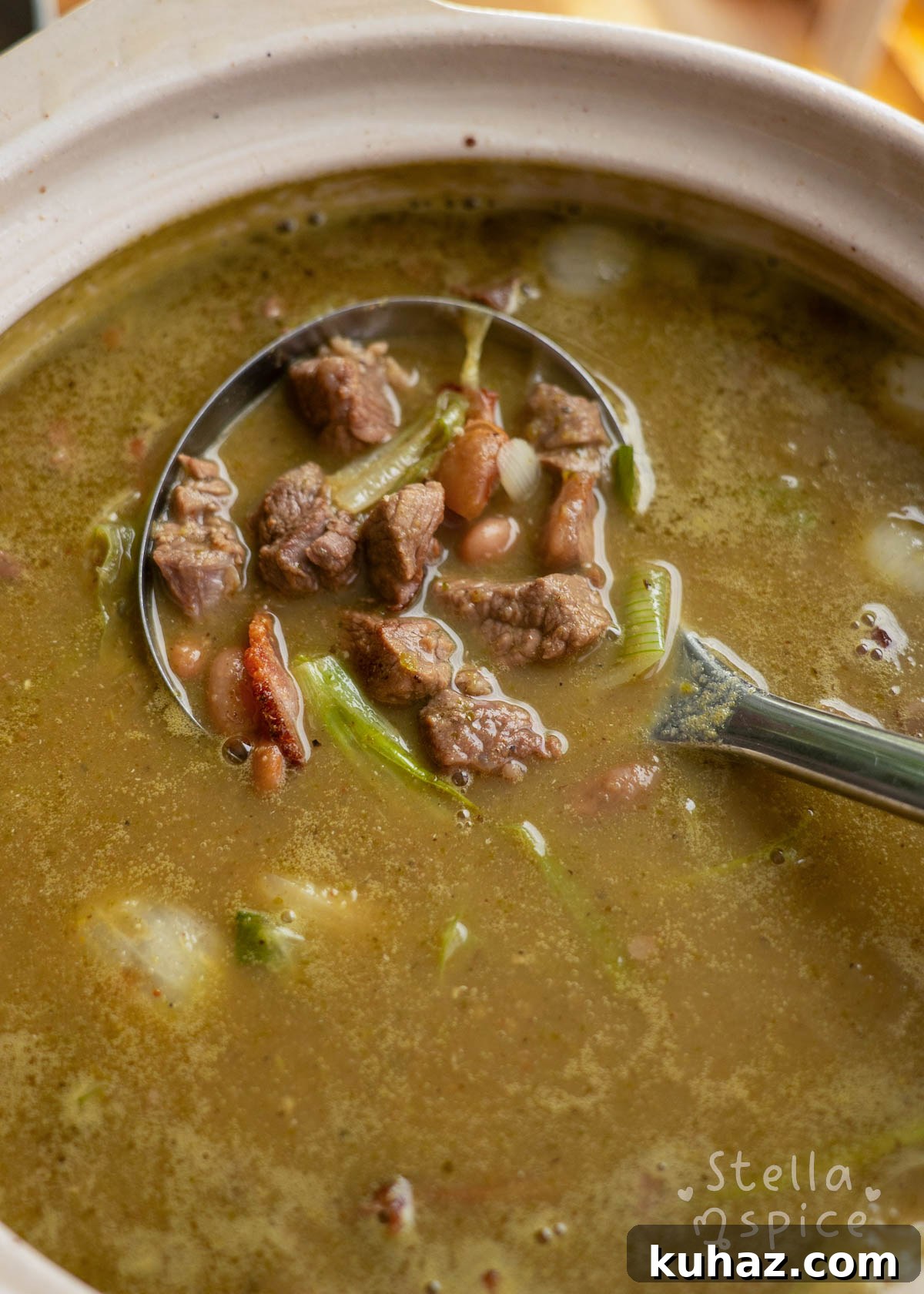 bacon, onions, and beans added to soup