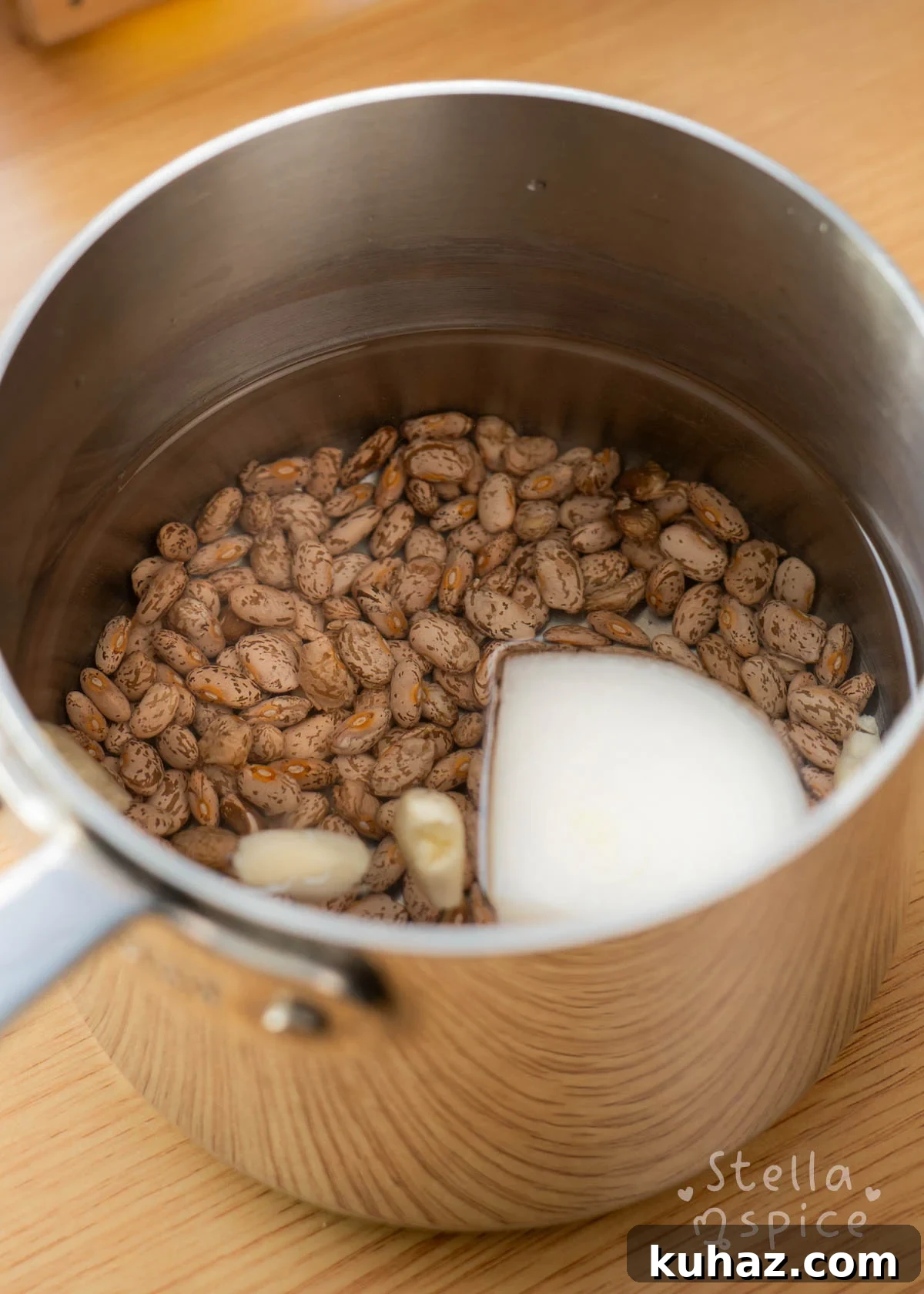 pinto beans in a pot with onion, garlic, and salt