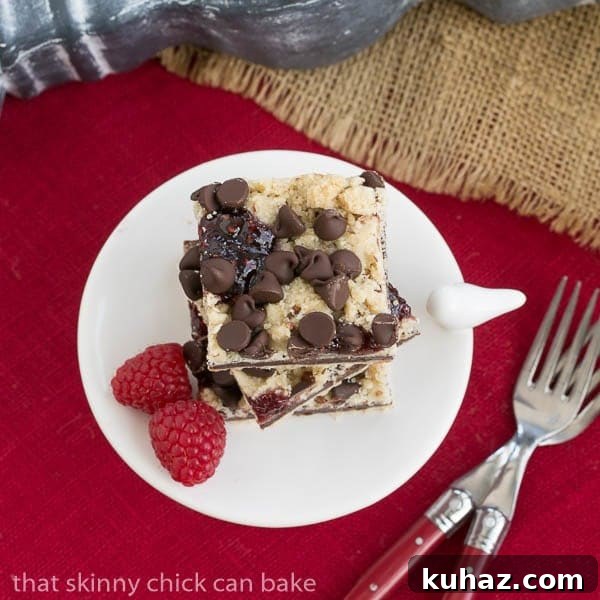 Chocolate Raspberry Crumb Bars - Shortbread, fudge, jam and a layer of crumbs makes for an out of this world bar cookie! Overhead Chocolate Raspberry Crumb Bars on a white pedestal on a red napkin.