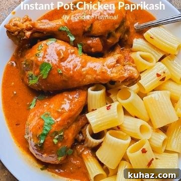chicken paprikash with drumsticks served on a white plate with buttered pasta on the side