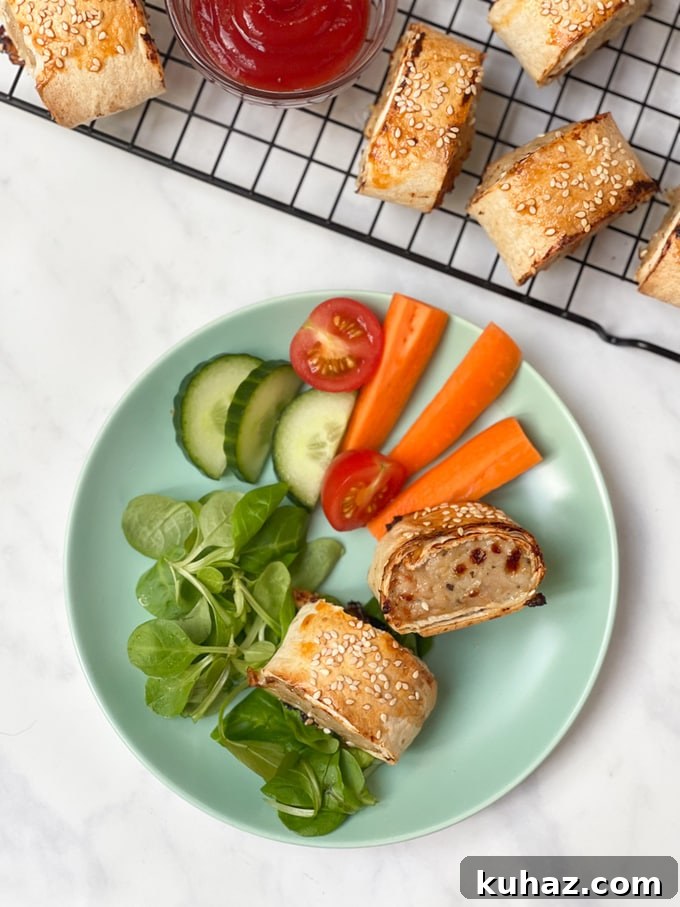 Crispy Chicken Sausage Rolls Recipe with Puff Pastry 3 Chicken sausage rolls served on a light green plate with chopped veggies