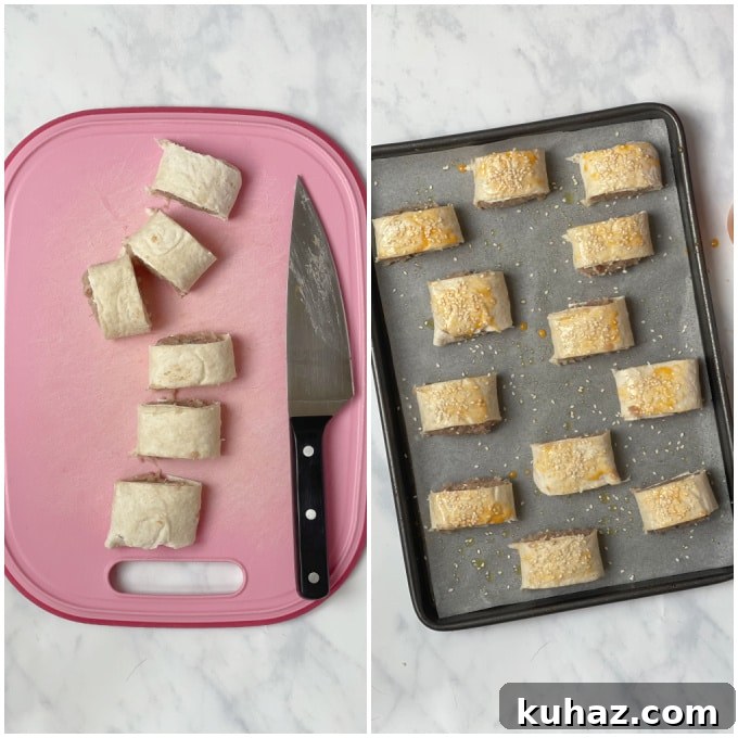 Crispy Chicken Sausage Rolls Recipe with Puff Pastry 6 the sausage rolls cut and on a baking tray with egg wash and topped with seeds