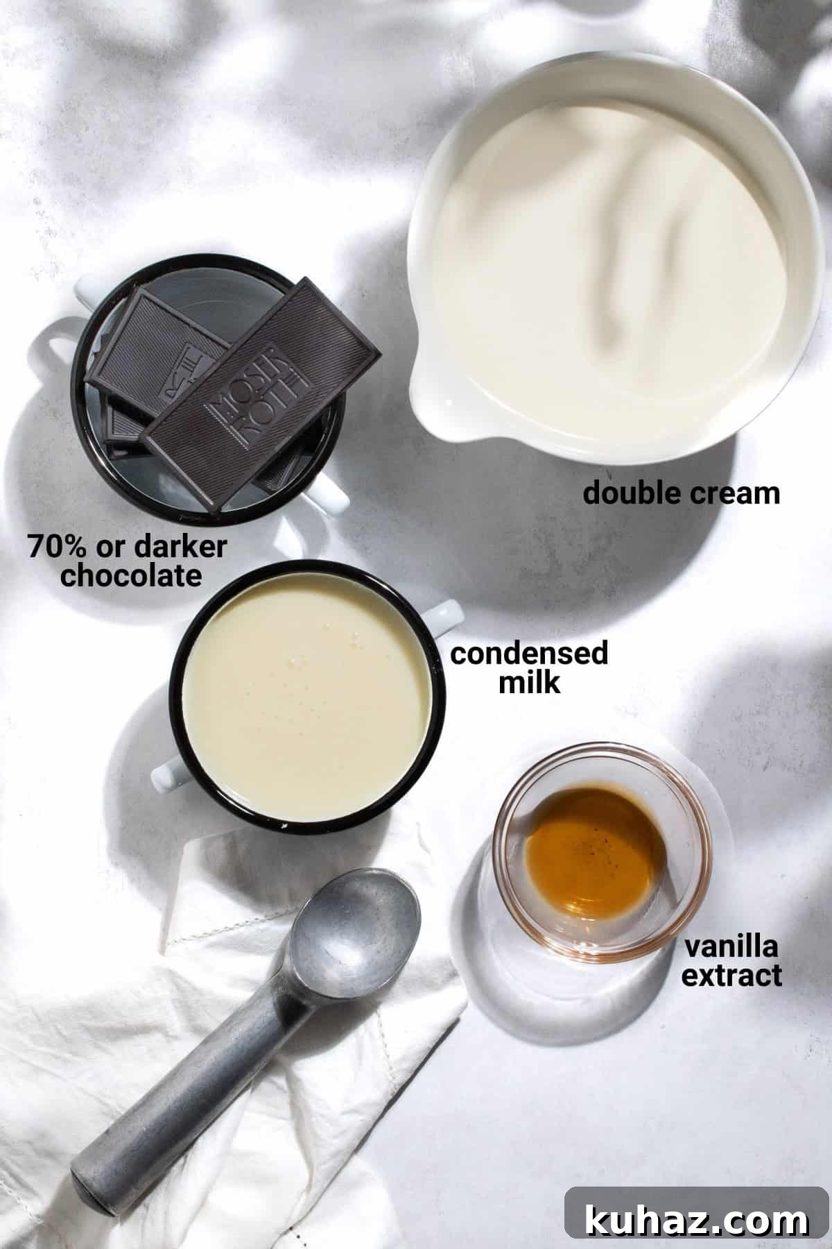 No-Churn Dark Chocolate Ice Cream Recipe 3 Dark chocolate ice cream ingredients.