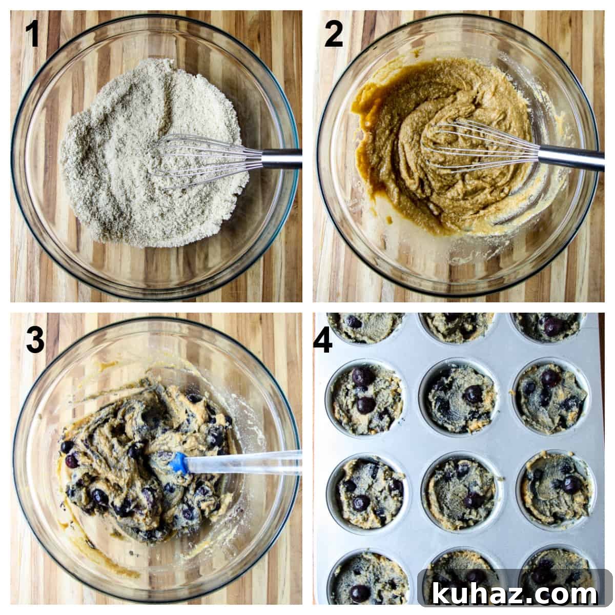 Almond Flour Blueberry Muffins, Tender and Fluffy 5 Steps 1 through 4 of the recipe process.