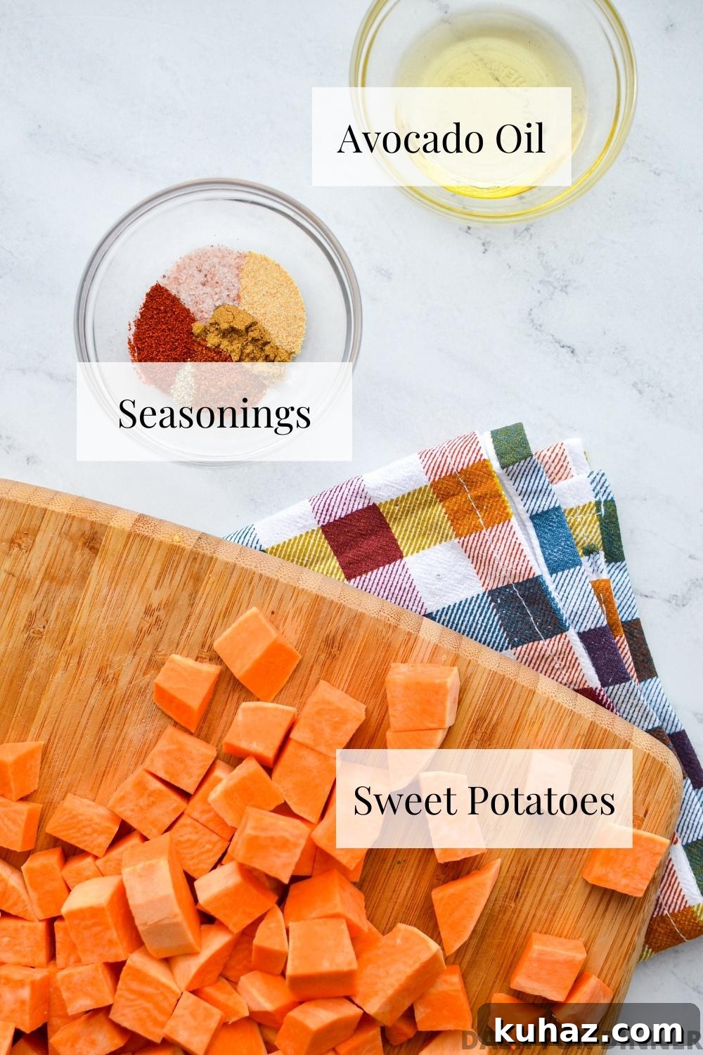 Crispy Air Fryer Sweet Potato Cubes 3 The ingredients needed to make air fryer roasted sweet potato chunks.