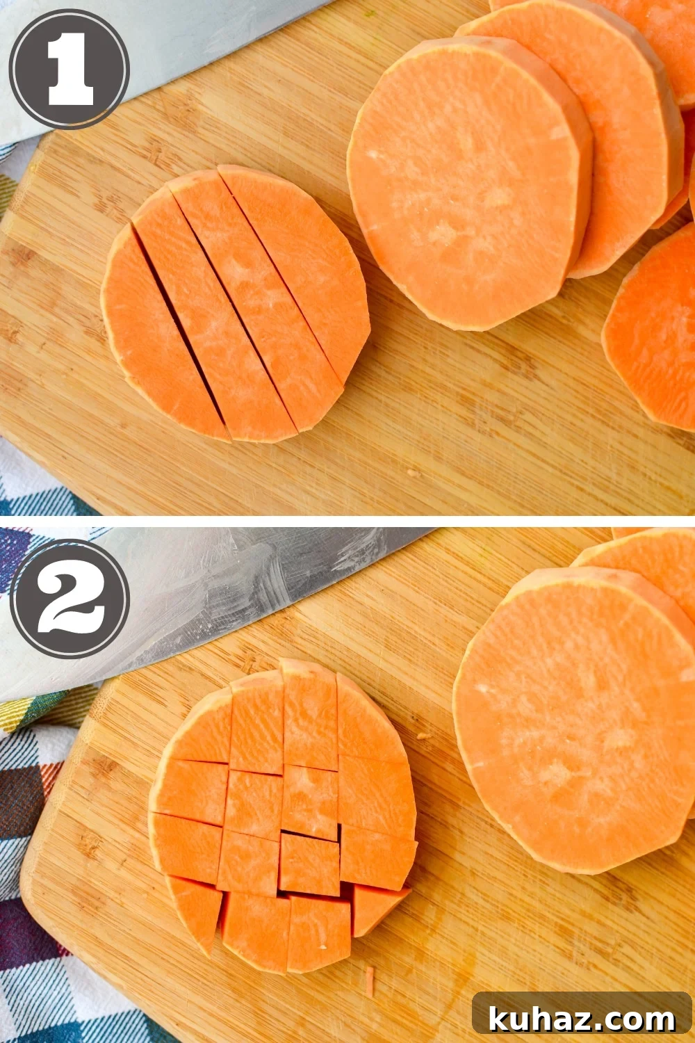 Crispy Air Fryer Sweet Potato Cubes 4 Cutting sweet potato into cubes.
