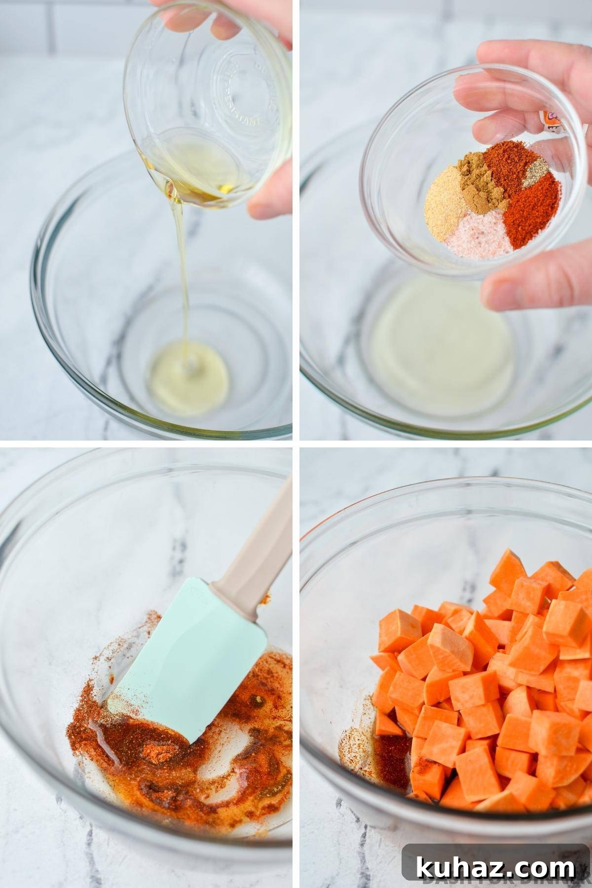 Crispy Air Fryer Sweet Potato Cubes 5 Adding oil and seasoning to a bowl.