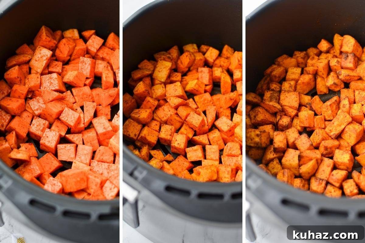 Crispy Air Fryer Sweet Potato Cubes 7 An air fryer basket with sweet potato cubes at different stages: raw, partially cooked, and fully roasted.