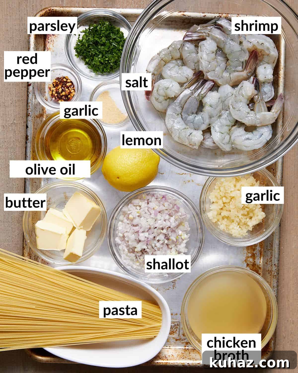 Garlic Butter Shrimp Scampi Without Wine 3 Overhead image of ingredients needed to make shrimp scampi without wine.