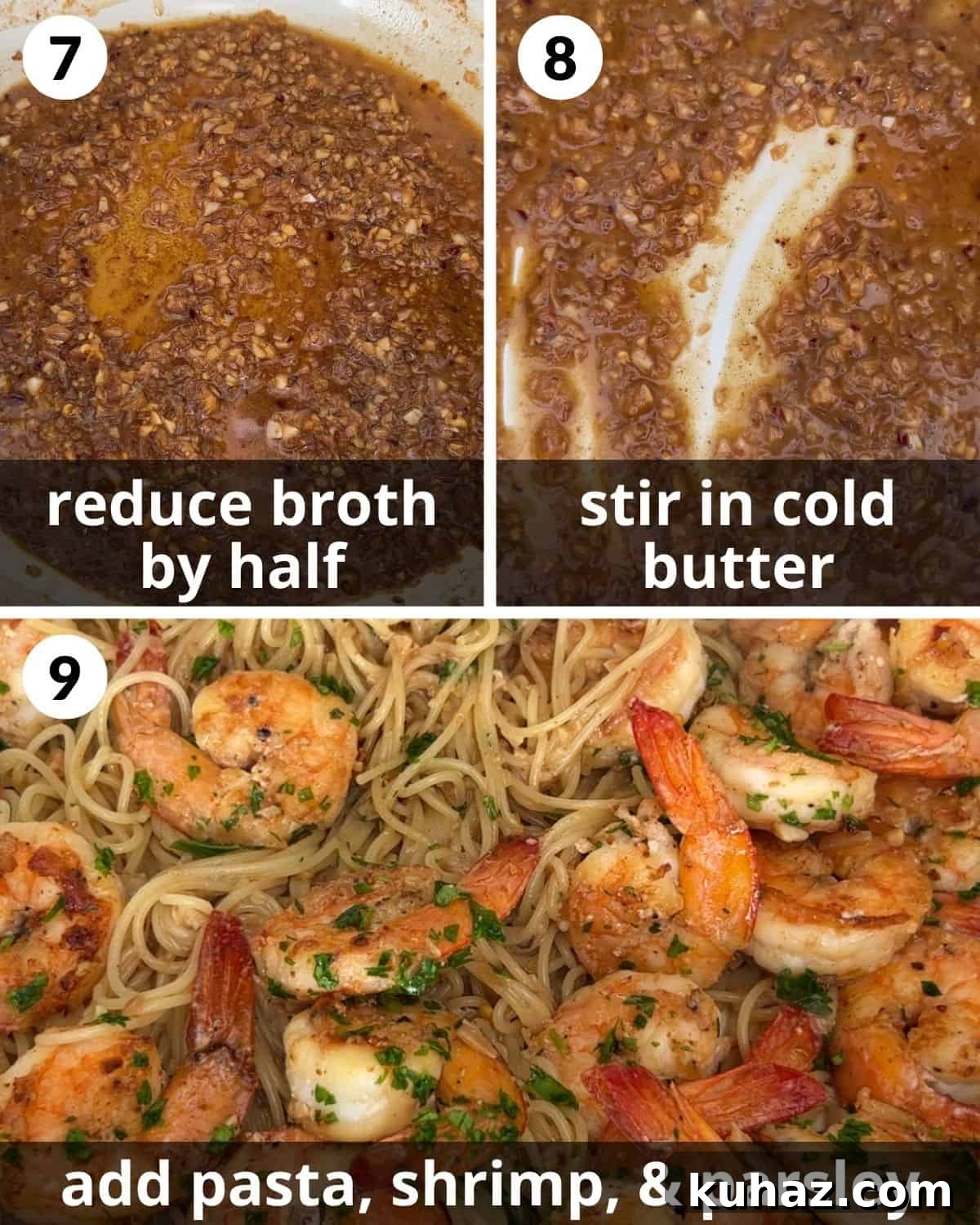Garlic Butter Shrimp Scampi Without Wine 5 A 3 photo collage showing the final assembly of shrimp scampi without wine.