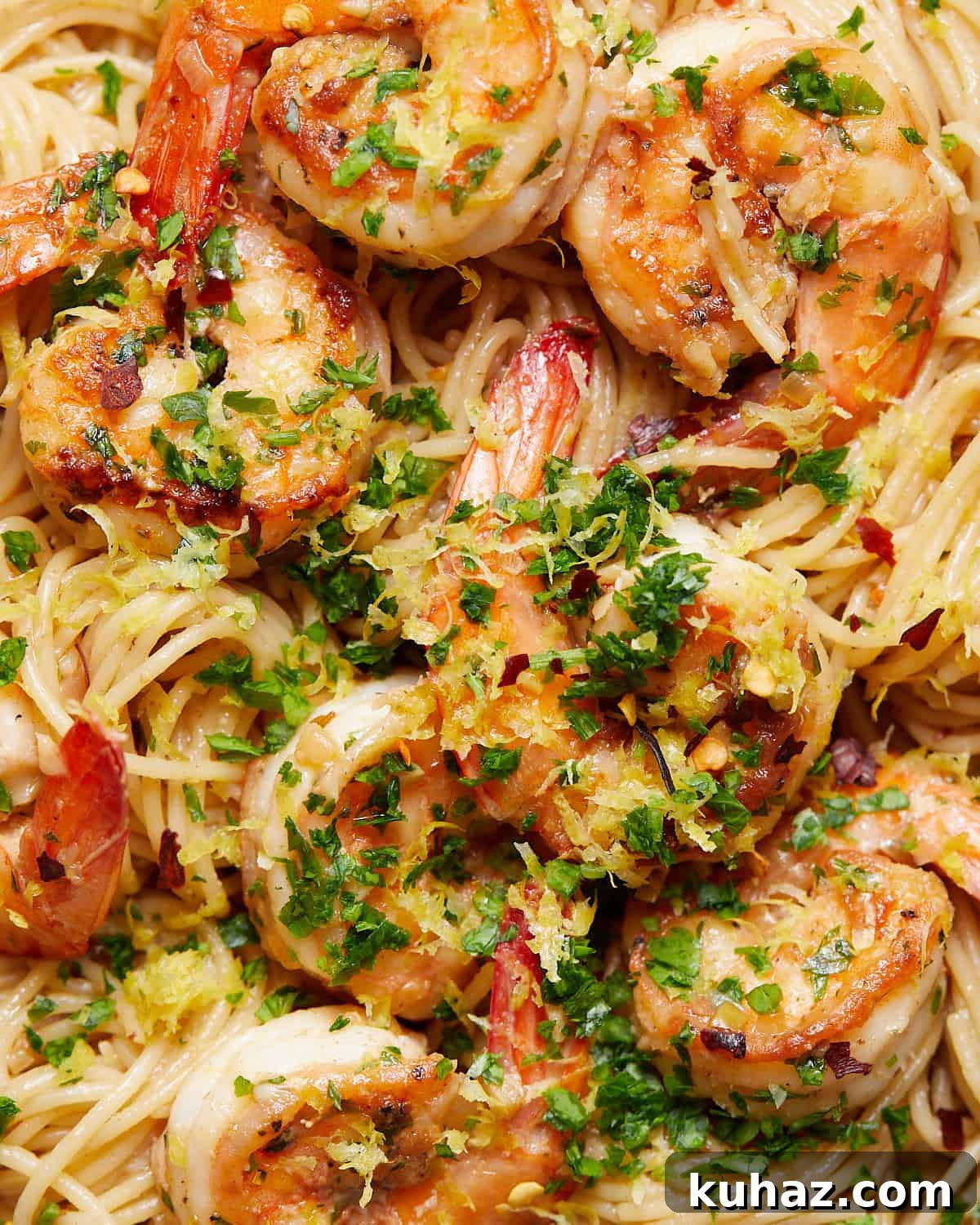 Garlic Butter Shrimp Scampi Without Wine 6 Up close image of shrimp scampi without wine.