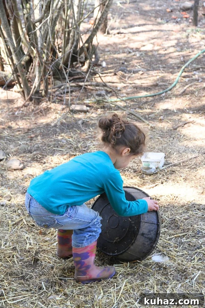 A little girl emptying a chicken waterer in the middle of a chicken pen. 