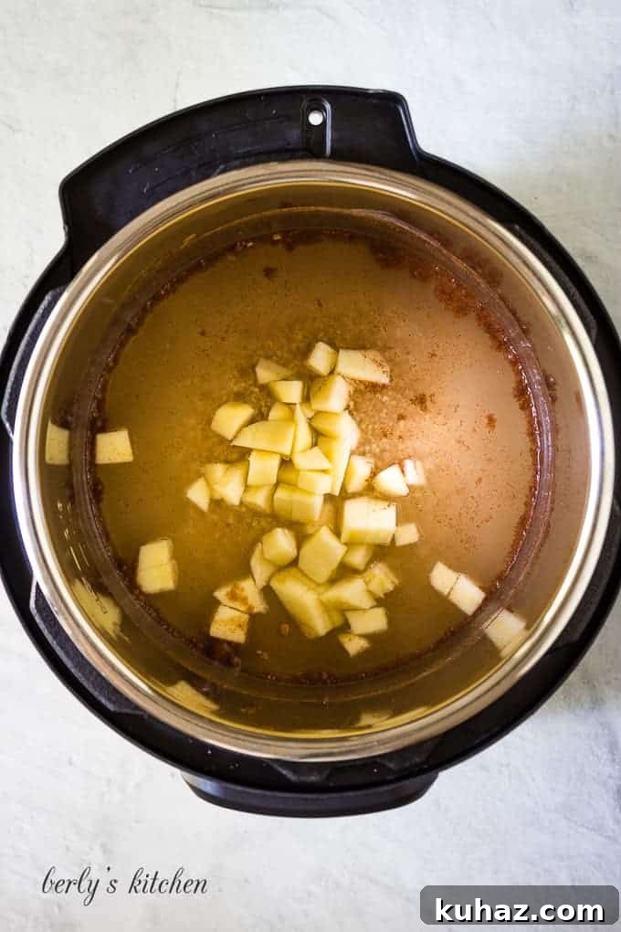 How to Make Creamy Instant Pot Steel Cut Oats 3 The apples, oats, and other ingredients placed into the liner.