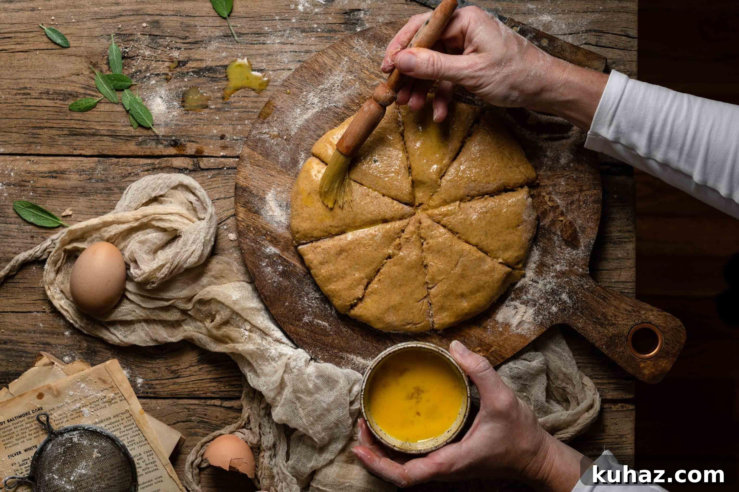 brushing egg wash onto pumpkin scone dough
